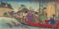 Une scène de femmes appréciant une promenade en bateau en face du sanctuaire de Kameido Tenjin Toyohara Chikanobu